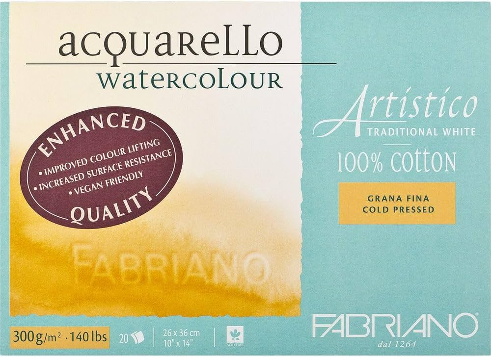 Fabriano Artistico Acquarello 19012636 Watercolour Papier blanc naturel à grain fin pressé froid 26 x 36 cm 20 feuilles 300 g/m² Papier aquarelle haut de gamme Blanc