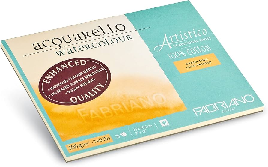 Fabriano Artistico Acquarello Watercolour, Natural White, Fine Grain Cold Pressed, 23 x 30.5 cm, 20 Sheets 300 g/m², High Quality Artist Watercolor