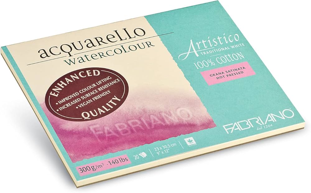 Fabriano Artistico Acquarello 19002330 Watercolour Peinture Blanc naturel satiné 23 x 30,5 cm 20 feuilles 300 g/m² Papier aquarelle haut de gamme 4 faces encollé Blanc