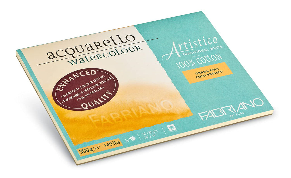 Fabriano Artistico Acquarello 19012636 Watercolour Papier blanc naturel à grain fin pressé froid 26 x 36 cm 20 feuilles 300 g/m² Papier aquarelle haut de gamme Blanc