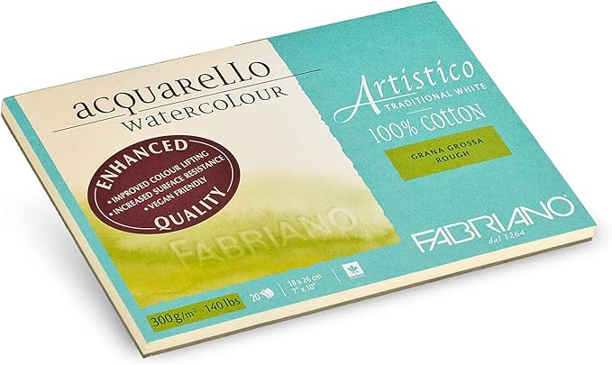 Fabriano Artistico Acquarello Watercolour, blanc naturel, grain grossier, 18 x 26 cm, 20 feuilles 300 g/m², carton aquarelle de qualité supérieure, bloc encollé sur les 4 côtés, blanc