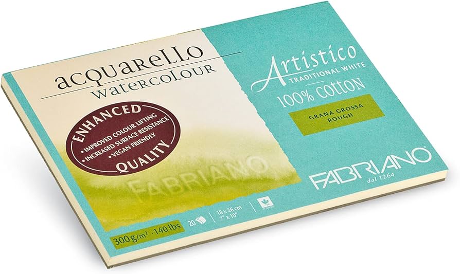 Fabriano Artistico Acquarello Watercolour, blanc naturel, grain grossier, 18 x 26 cm, 20 feuilles 300 g/m², carton aquarelle de qualité supérieure, bloc encollé sur les 4 côtés, blanc