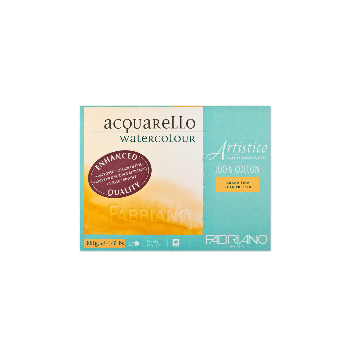 Fabriano Artistico Acquarello Watercolour, Natural White, Fine Grain Cold Pressed, 31 x 41 cm, 20 Sheets 300 g/m², High Quality Artist Watercolor