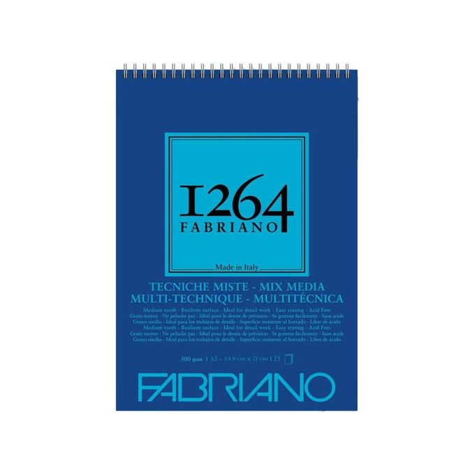 Bloc Fabriano 1264 Mixed Media A5 – 15 feuilles, 300 g/m², spirale haut