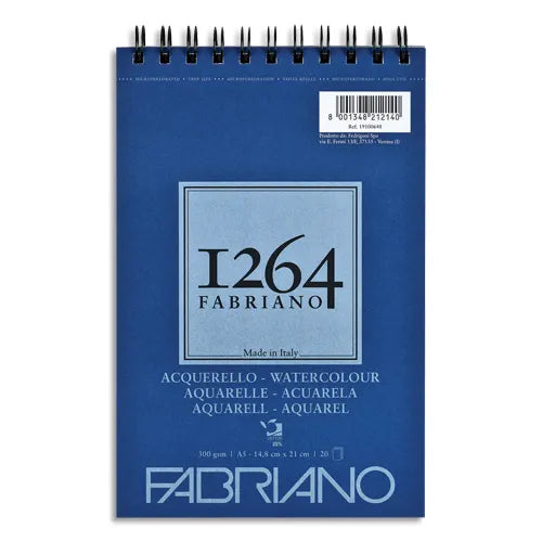 Bloc Fabriano 1264 Watercolour A5 – 20 feuilles, 300 g/m², spirale haut, grain fin.