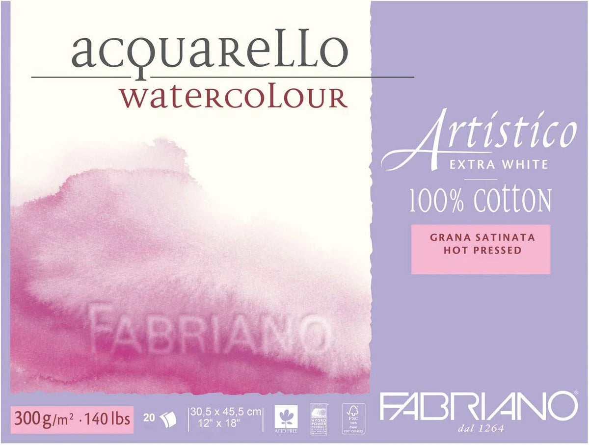 Fabriano Artistico Acquarello Watercolour Paper (Satin, Hot Pressed, 30.5 x 45.5 cm, 20 Sheets 300 g/m², High Quality, 4 Sided Pad