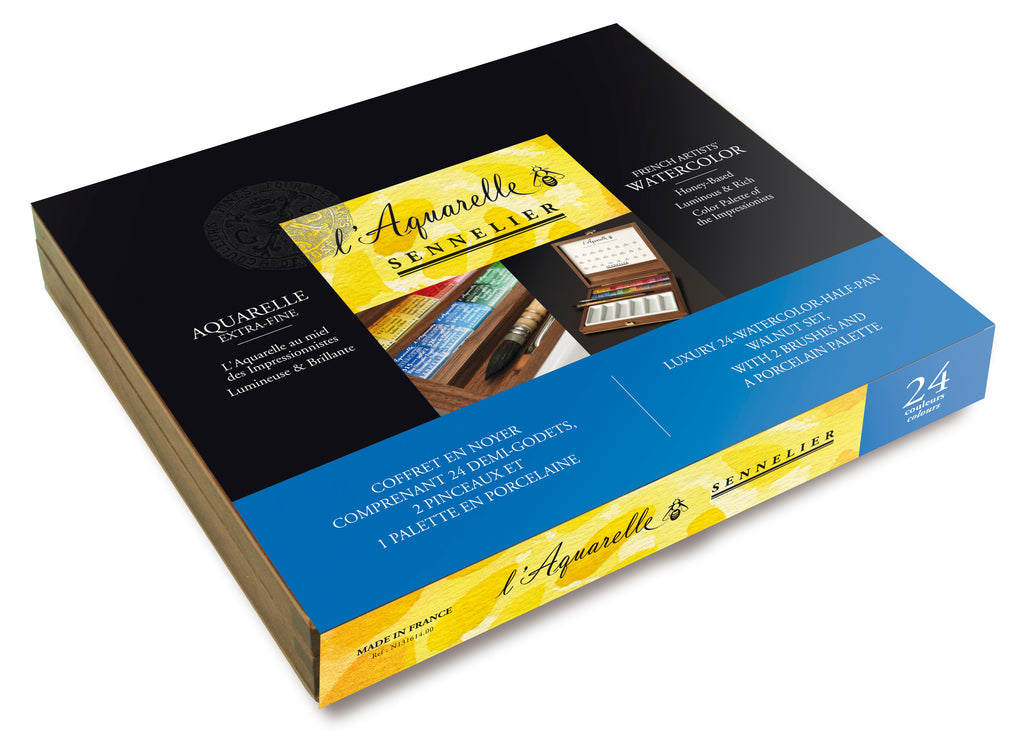 Boite en bois noyer Aquarelle Extra-fine - 24 Demi-godets + 2 pinceaux