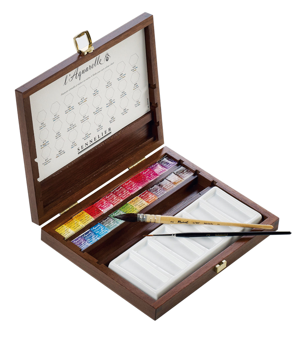 Boite en bois noyer Aquarelle Extra-fine - 24 Demi-godets + 2 pinceaux