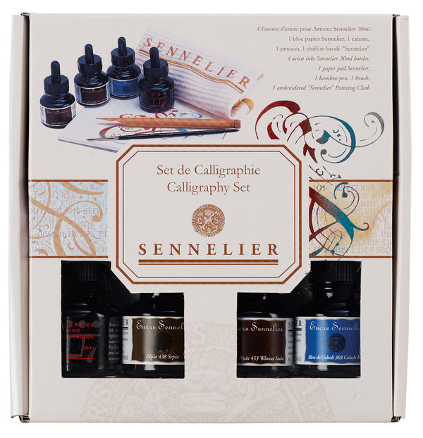 Coffret CALLIGRAPHIE Encre 4 Flacons et accessoires