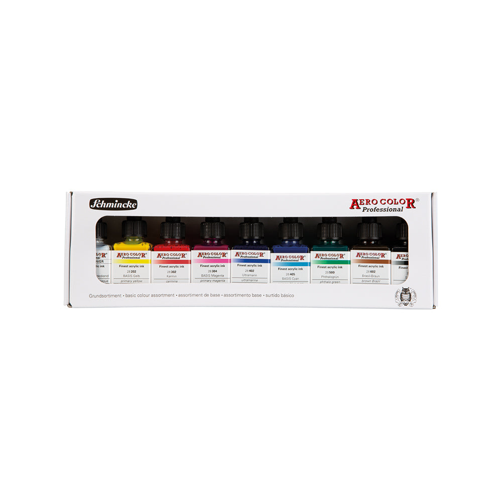 Coffret Aerocolor (9 x 28ml) - Aerocolor Finest Acrylic Ink by SCHMINCKE)