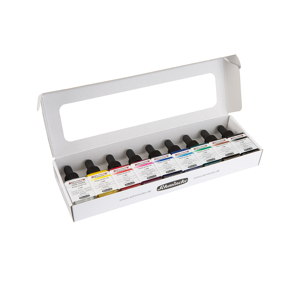 Coffret Aerocolor (9 x 28ml) - Aerocolor Finest Acrylic Ink by SCHMINCKE)